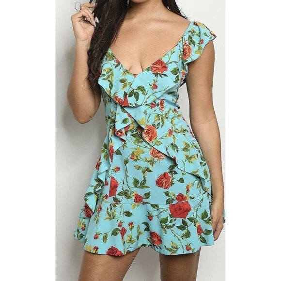 Signatures Ruffle Front Flounce Mini Dress Size S Rose Print Back Zip Ruffle Hem - Picture 1 of 16